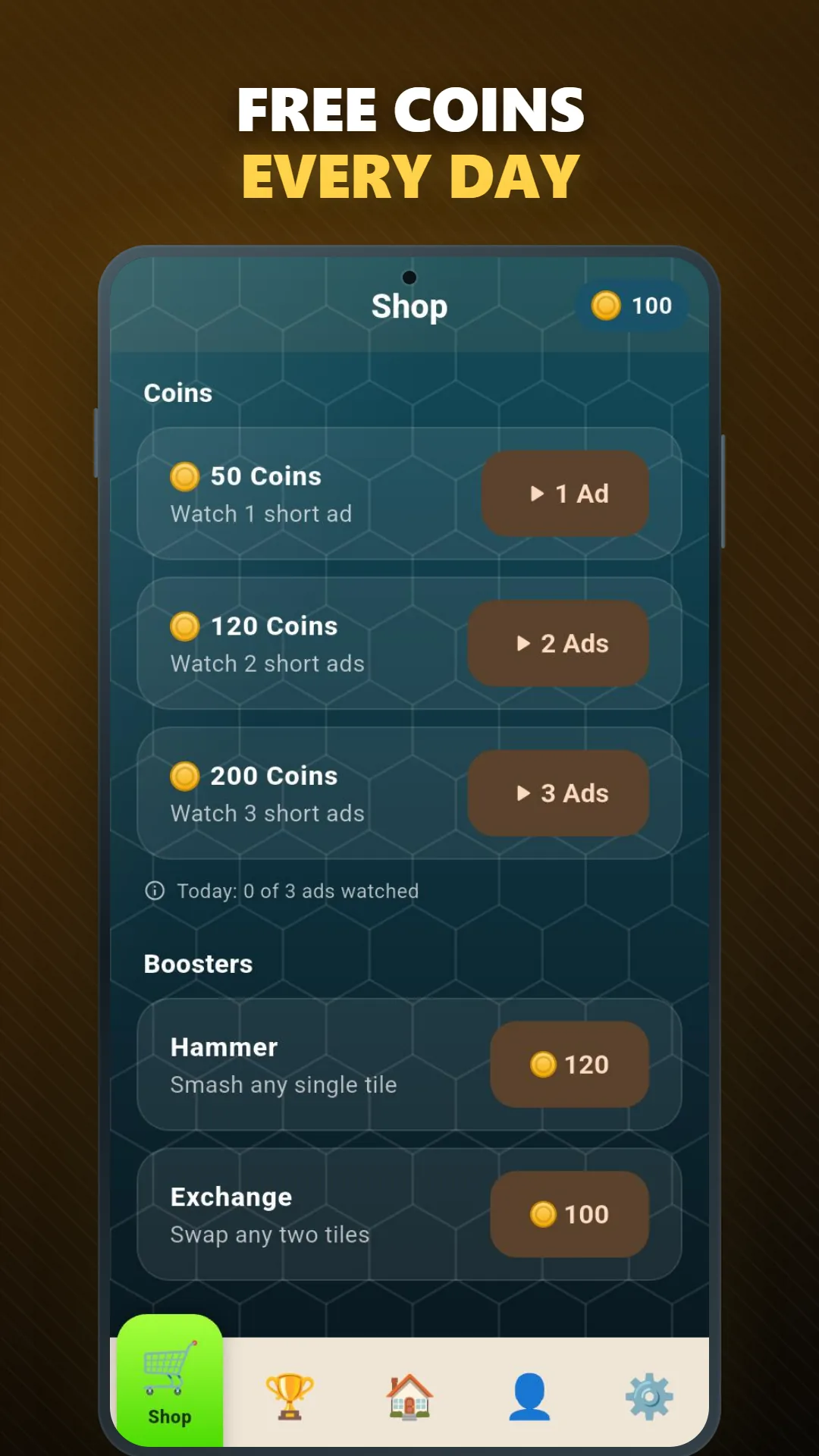 Block Master shop listing free coin bundles earned by watching short ads, plus the Hammer and Exchange boosters