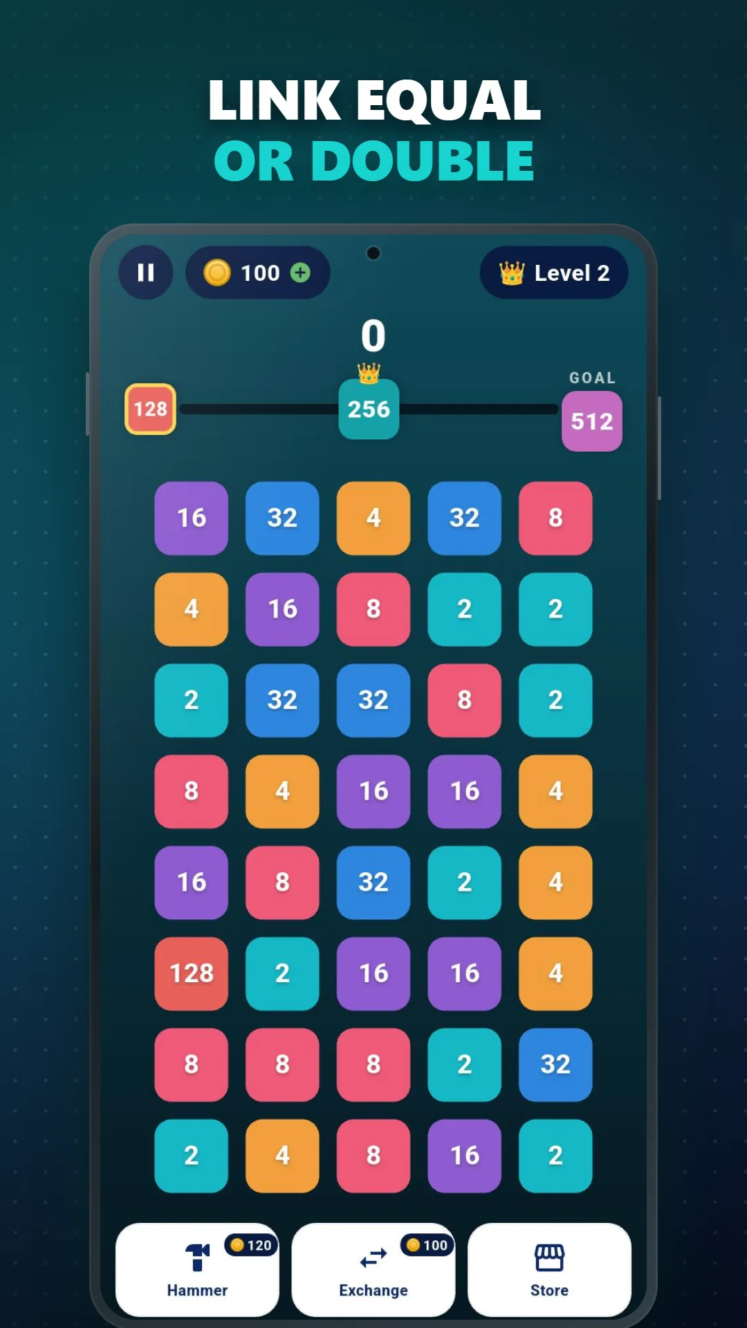 Block Master board of numbered blocks with the level progress bar running from 128 to the 512 goal, and Hammer and Exchange boosters below