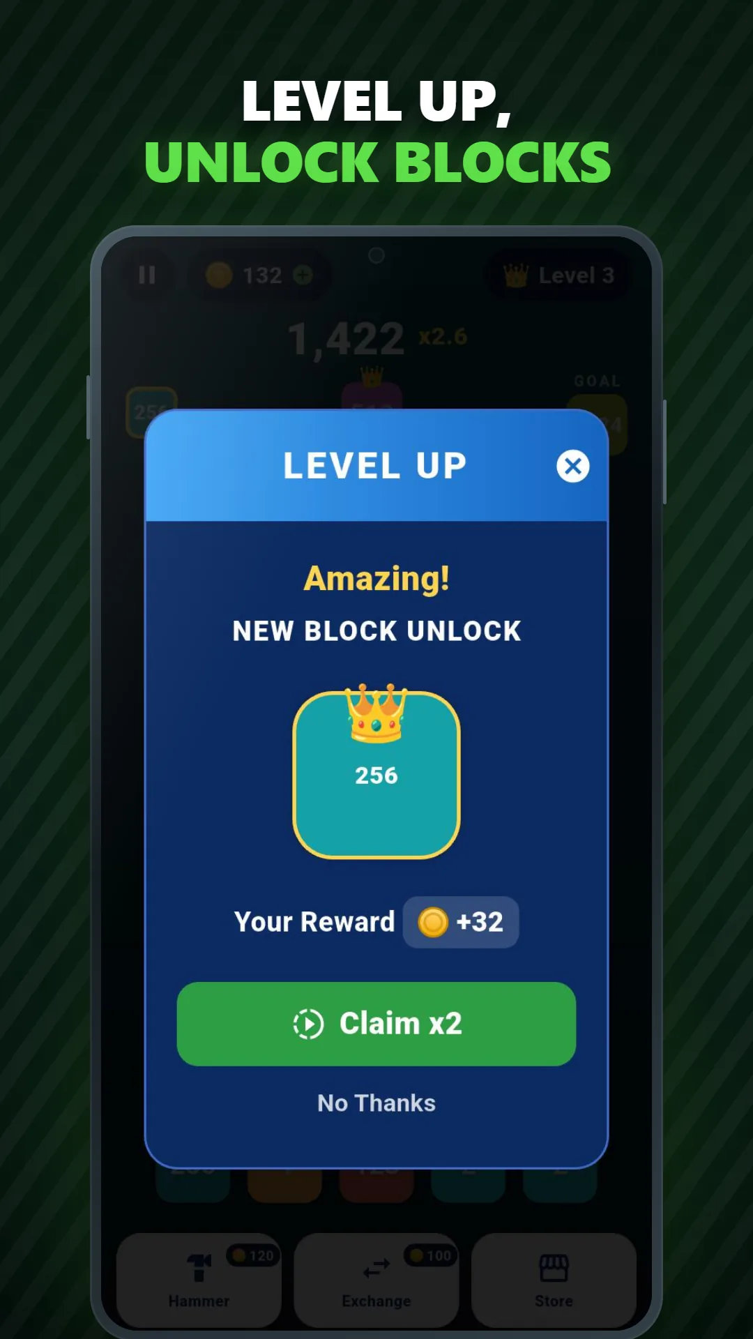 Block Master level up dialog: a new 256 block unlocked, a coin reward and an option to claim double