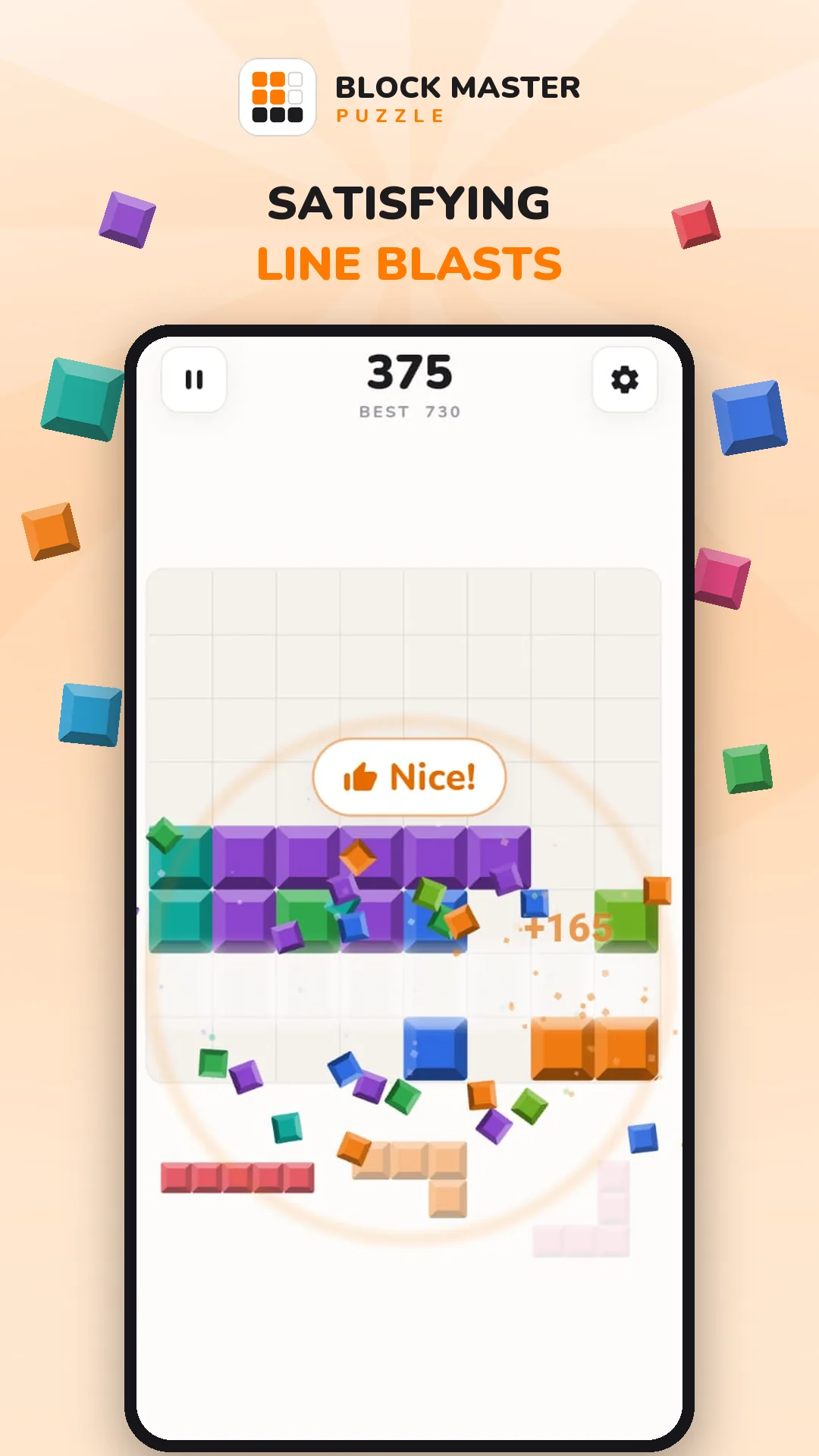 Block Blast Master clearing a filled row: the blocks burst apart with a "Nice!" badge and a plus 165 score pop