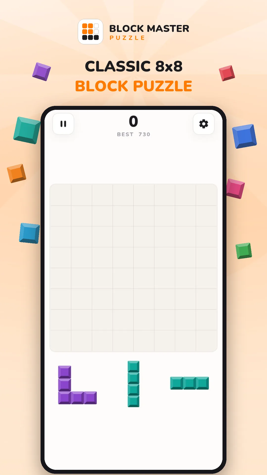 Block Blast Master empty 8x8 board with three block shapes waiting in the tray below and the score at zero