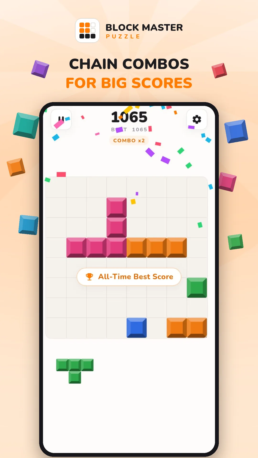 Block Blast Master showing a Combo x2 multiplier, confetti and an All-Time Best Score banner at 1065 points