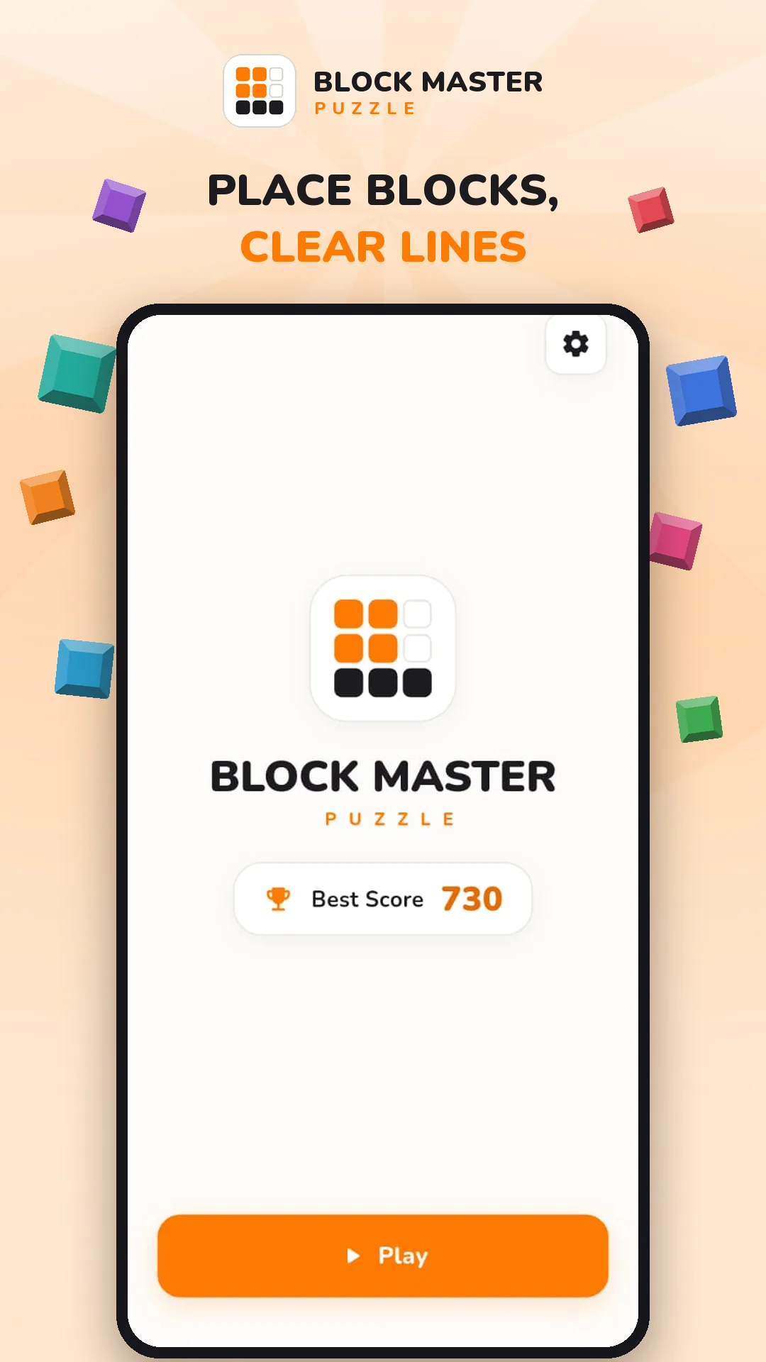 Block Blast Master home screen on an Android phone, showing the logo, a best score of 730 and a Play button