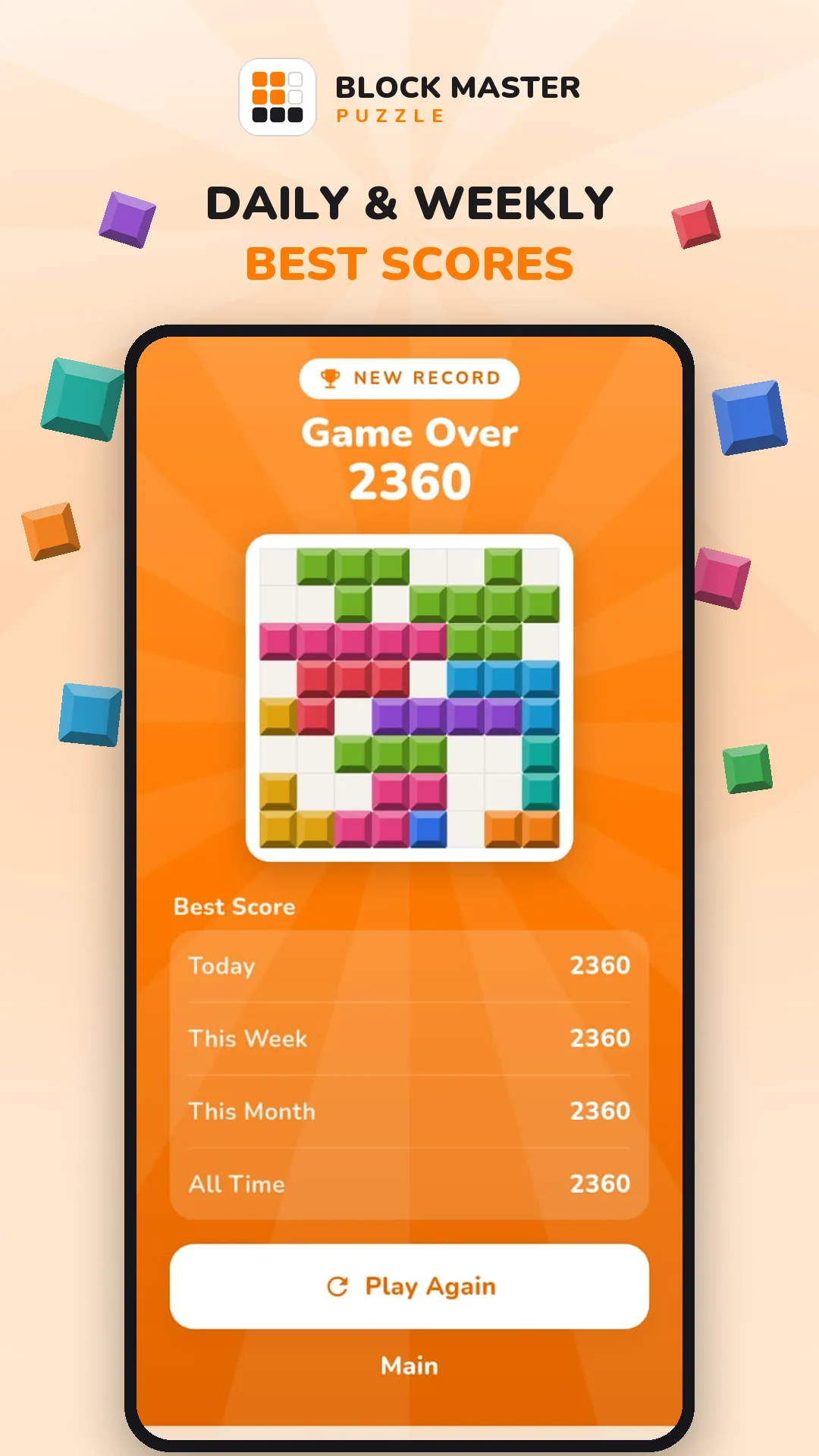 Block Blast Master game over screen with a new record of 2360 and best scores for today, this week, this month and all time