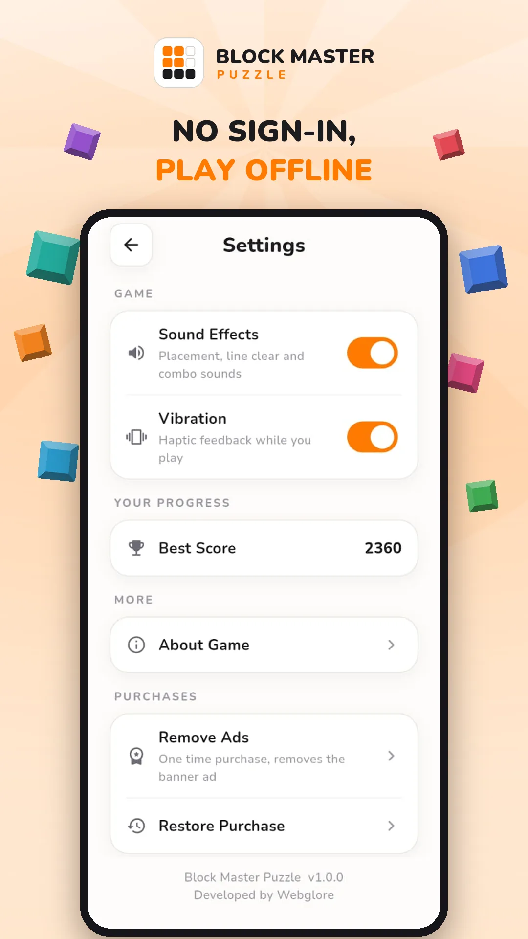 Block Blast Master settings: sound effects and vibration toggles, best score, About Game, and a one-time Remove Ads purchase