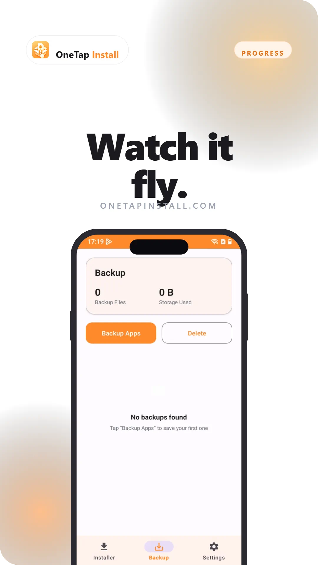 OneTap Install running on an Android phone, showing an APK installing with live progress