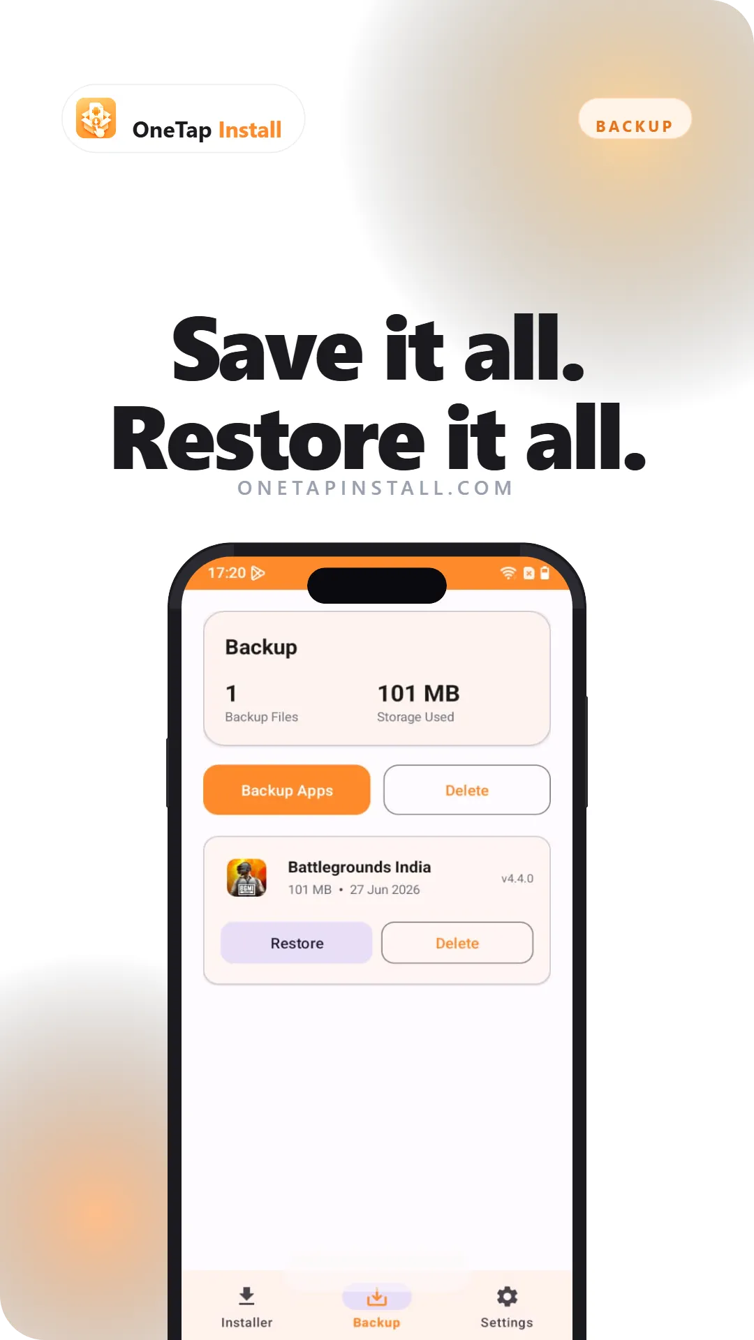 OneTap Install backup tab listing backed-up Android apps that can be restored or deleted