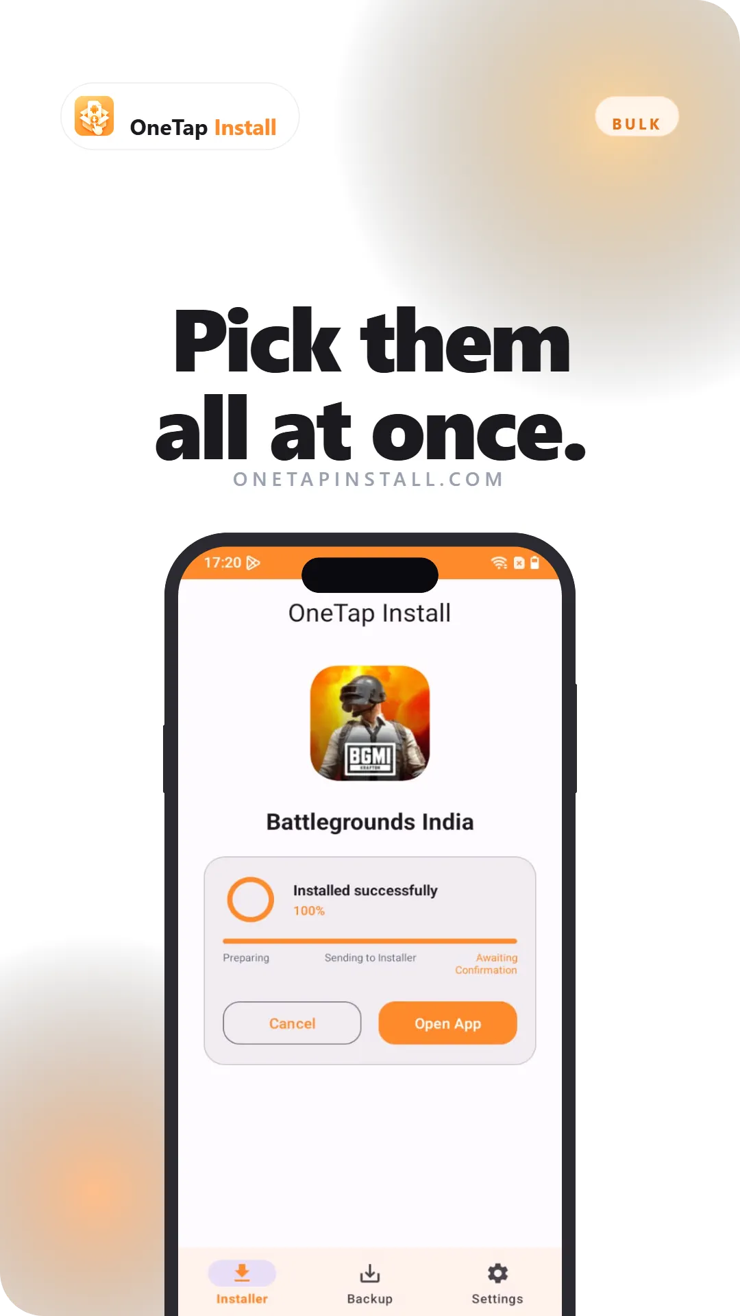 OneTap Install bulk mode: several APK files selected at once to be installed together
