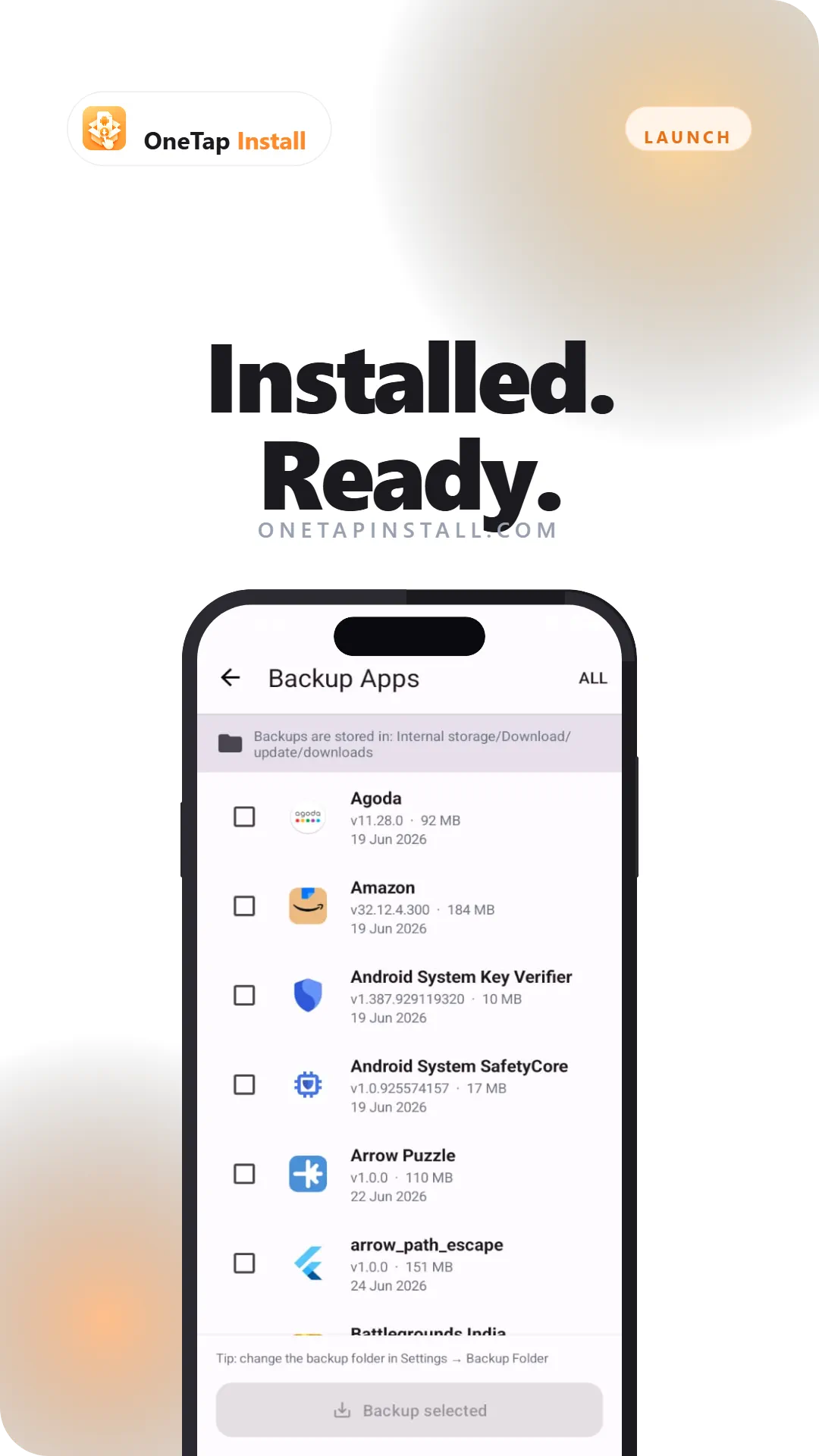 OneTap Install showing an APK installed successfully at 100% with an Open App button